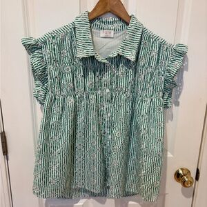 Fate Green Striped Floral Ruffle Sleeve Blouse, size Small